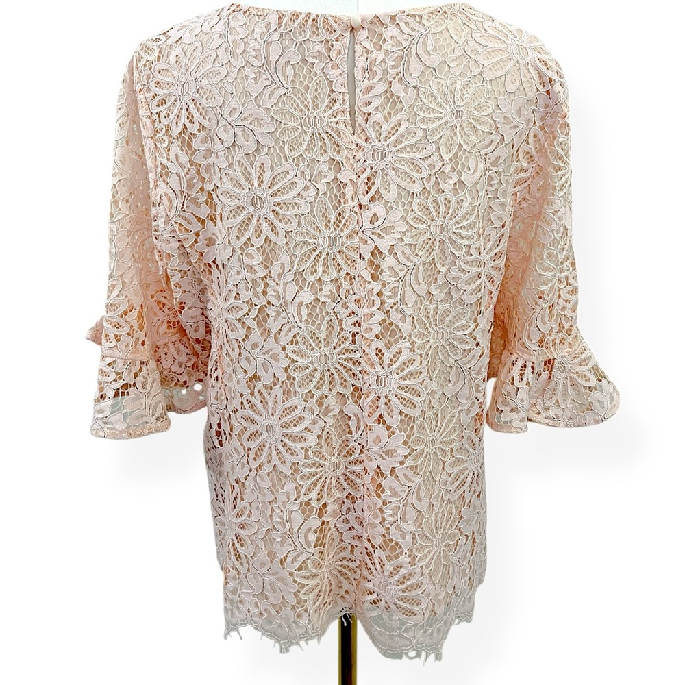Nanette Lepore Floral Lace Crew Neck Bell Sleeve Top Shirt Large Light Pink - Picture 6 of 14